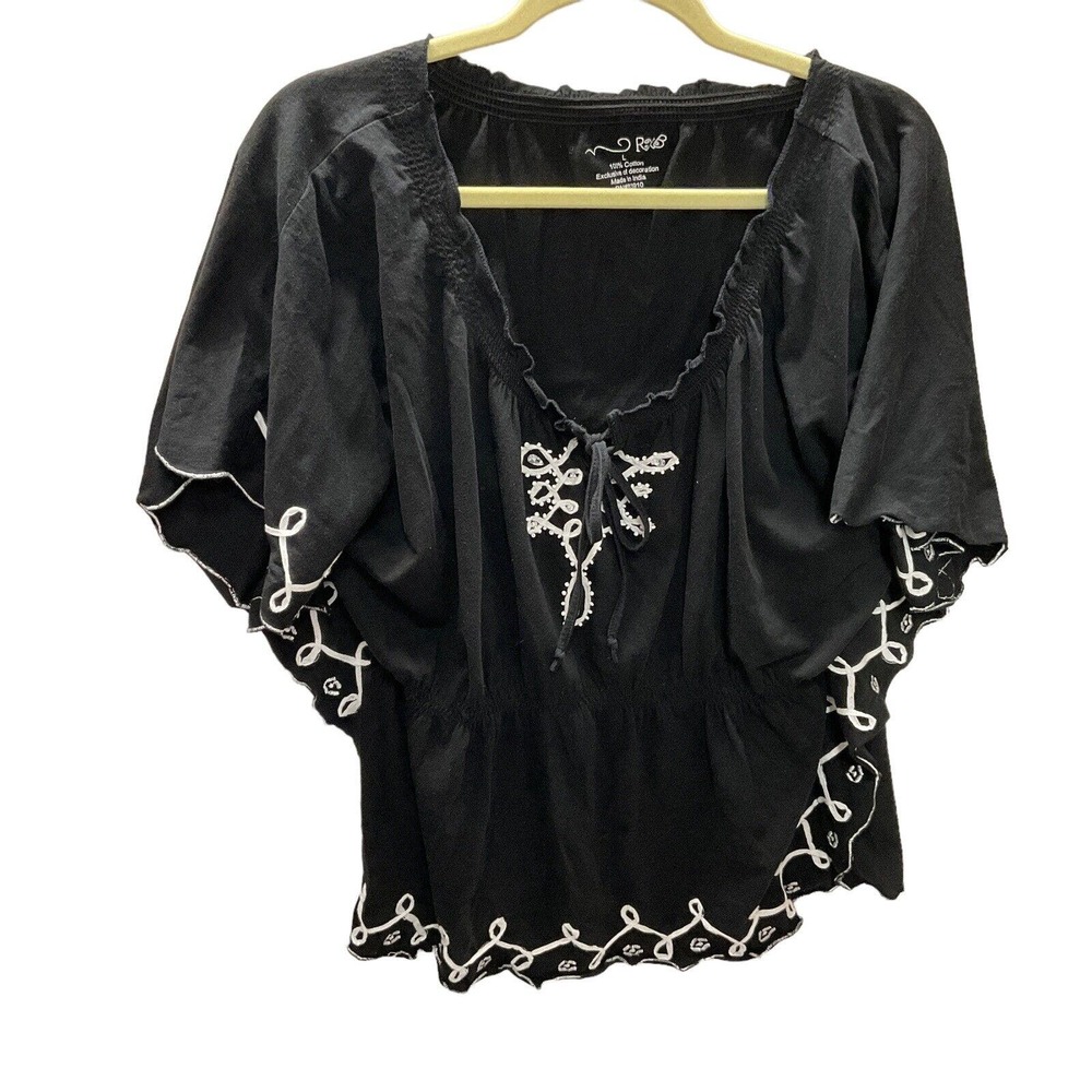 R & B Womens Size Large Boho Black White Embroidered Top
